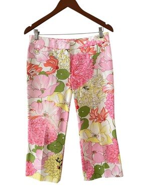 Burberry Pink and White Floral Print Mid Rise Straight Leg Crop Pants Size 8